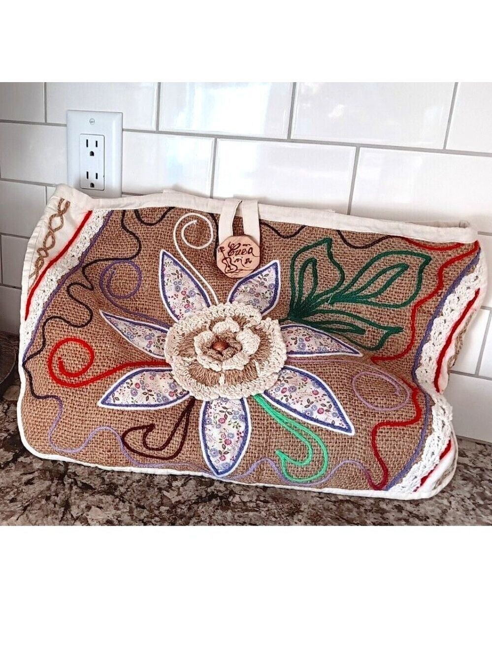 Large Tote Handbag With Gorgeous Hand Flower Stitching Design. See Photos